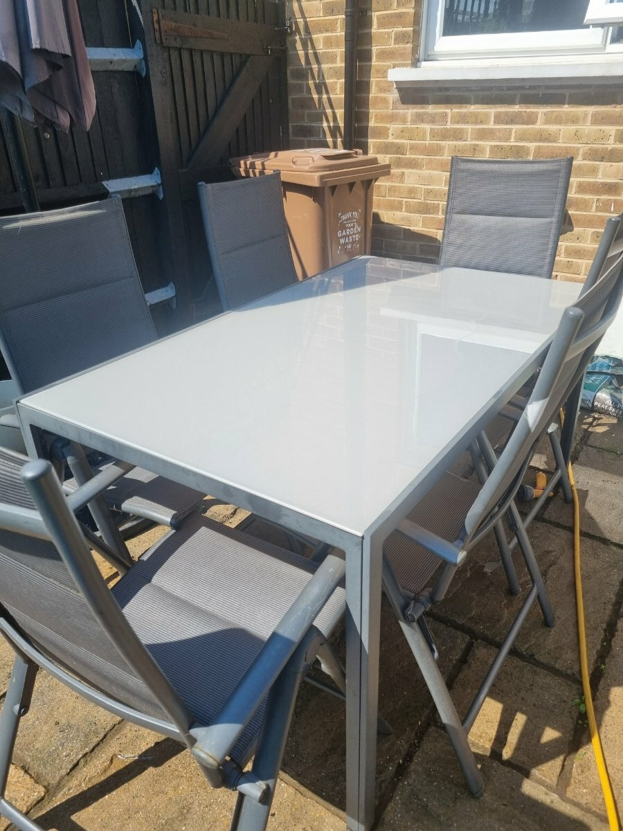 Grey metal garden table and chairs set For Sale & Items Offered